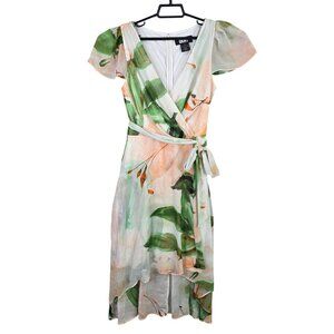 Womens DKNY Green & Peach Floral Wrap Dress High-Low Hem 100% Polyester Size 6
